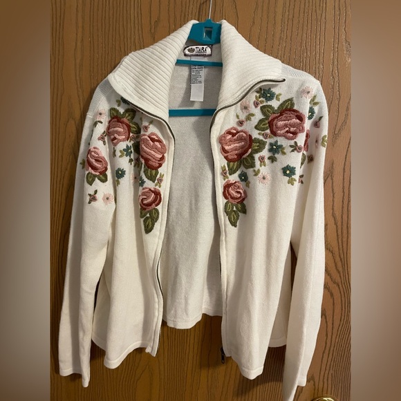 Tiara International Sweaters - Vintage Tiara International Embroidered Floral Zip Up Sweater - Cream and Pink